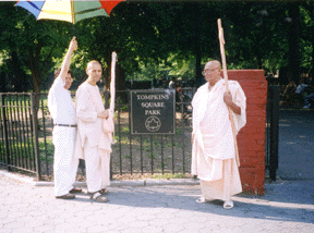 Srila Bhakti Ballabh Tirtha Maharaj and revered devotees in front of Tompkins Square Park, New York City.